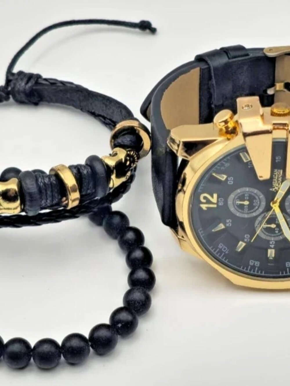American Exchange Men’s Chronograph Watch Gold Black + Bracelet Set New Open Box